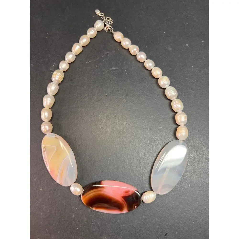 NEW freshwater pearl and agate necklace with sterling silver clasp